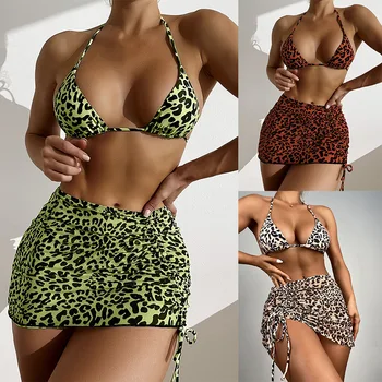 2023 Новият годишен женски комплект бикини от 3 теми с леопардовым принтом, бански костюми, с превръзка на ленти, поли-пелерини, дамски секси бански, бански костюми - Изображение 1  
