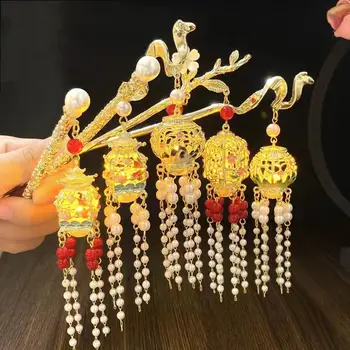 Пръчки-фенери за косата, дамски шапки, родословни с пискюли, Hanfu, украса за момичета в китайски стил с led подсветка - Изображение 1  
