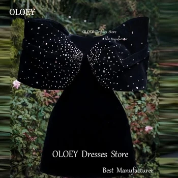 OLOEY Черно кадифе, къси вечерни рокли с отворени рамене Лък Мини перли един Коктейл рокля трапецовидна форма с пайети Вечерни рокли за партита - Изображение 1  