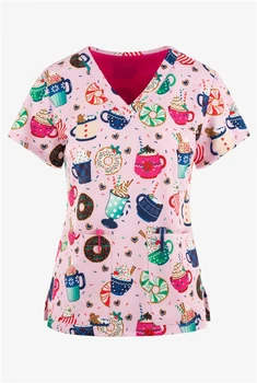 Дамски блузи с джобове и V-образно деколте, Нова лятна униформи на медицински сестри с принтом, женствена тениска с V-образно деколте и къс ръкав, женски тела - Изображение 2  