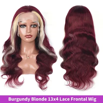 613 Блондинистые перуки, изработени от човешка коса с масова вълна от бордо цвят, прозрачен Предварително выщипанный перука от дантела размер 13х4 виж - Изображение 2  
