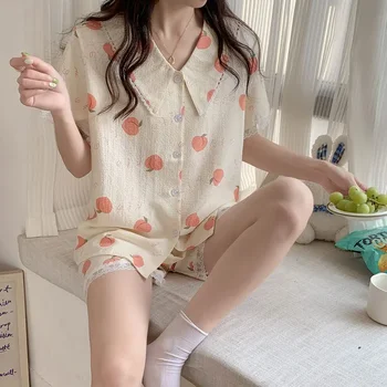 Жена пижамный комплект в корейски стил с хубав цветен принтом, 2 броя с къси панталони, Лятна Удобни домашни дрехи с къс ръкав, Дамски - Изображение 2  
