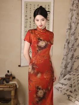Китайски стил, Яка-часова, Къс ръкав, Ципао с елегантни червени цветя принтом - Изображение 2  
