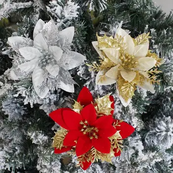Коледни блестящи изкуствени цветя, цветя от коприна изкуствени цветя, със скоби за висящи украшения на Коледна елха, Коледен подарък за дома - Изображение 2  