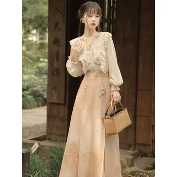 2023 Есента Сладък завързана отгоре с V-образно деколте и дълги ръкави, оранжева жаккардовая пола Hanfu, Женски подобряване на модерна рокля Hanfu, Плюс Размер XL - Изображение 2  