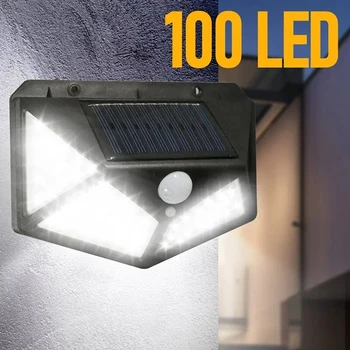 100 Led Слънчев, с монтиран на стената лампа, 4 Страна, светлинен сензор за движение, Въвеждане на човека, Водоустойчив стълба в двора, Външен стенен монтаж лампа - Изображение 1  