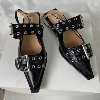Нова дамски обувки, Модерни Сандали, Ежедневни Пролетната мода 2024 година, Обувки с остри пръсти с катарама, Сандали, Дамски сандали на равна подметка - Изображение 2  