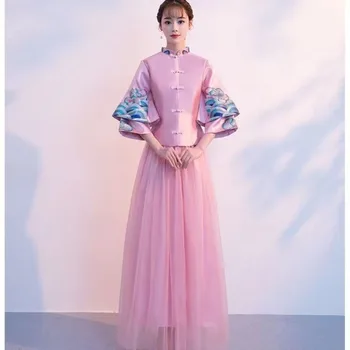 По-големи размери, Ципао с дълъг ръкав, бродирани Китайски яка-часова, женствена рокля на шаферка в китайски стил, рокля за абитуриентски Рокли Party - Изображение 1  