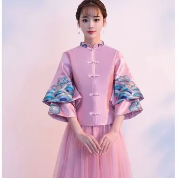 По-големи размери, Ципао с дълъг ръкав, бродирани Китайски яка-часова, женствена рокля на шаферка в китайски стил, рокля за абитуриентски Рокли Party - Изображение 2  
