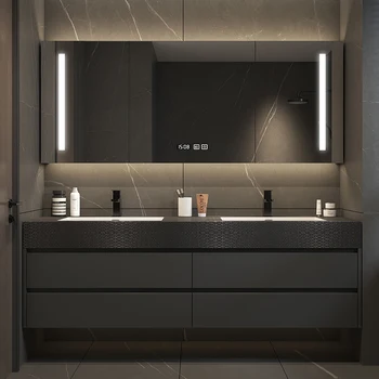 Дизайнерски шкаф за баня с каменна панел и една мивка, съчетание на светлина, луксозна маса за миене на баня, шкаф за мивка - Изображение 1  