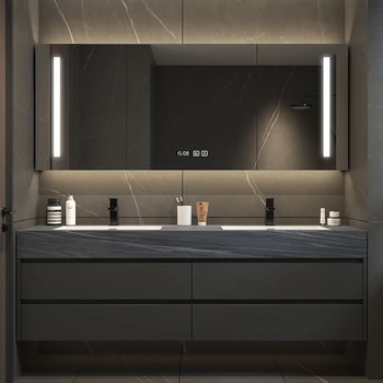 Дизайнерски шкаф за баня с каменна панел и една мивка, съчетание на светлина, луксозна маса за миене на баня, шкаф за мивка - Изображение 2  