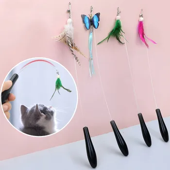 Играчка за котки Забавни играчки за котки Интерактивни играчки с дръжка от масивна дървесина за котки-щеки Играчка за котки-пеперуди от пера, стоманена тел, пръчка за домашни любимци - Изображение 1  