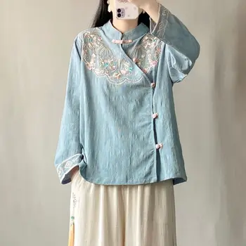 2024 китайската ретро жаккардовая памучен бельо риза, дамски клин с яка-часова и се деформира костюм дзен чай, яке с дълги ръкави, топ - Изображение 1  