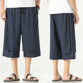 Мъжки костюм Тан в Ретро-в Китайски стил, Ежедневни панталони, Свободни Ленени Панталони за лятото, Мъжки прави Панталони-Капри, Градинска Облекло M-5XL - Изображение 1  