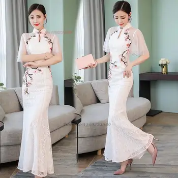 Традиционно китайското винтажное рокля ципао 2024 г., vestidso, подобрено дантелено рокля с национална бродерия на цветя чонсам, вечерна рокля - Изображение 1  