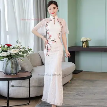 Традиционно китайското винтажное рокля ципао 2024 г., vestidso, подобрено дантелено рокля с национална бродерия на цветя чонсам, вечерна рокля - Изображение 2  